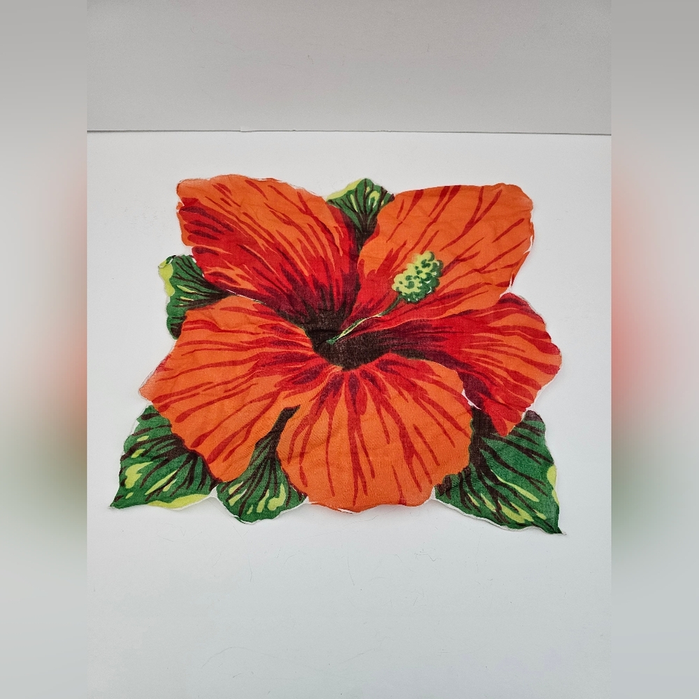 Rare Mid-Century Hibiscus Hankie Tiki Kitsch Tropical Floral Pocket Square